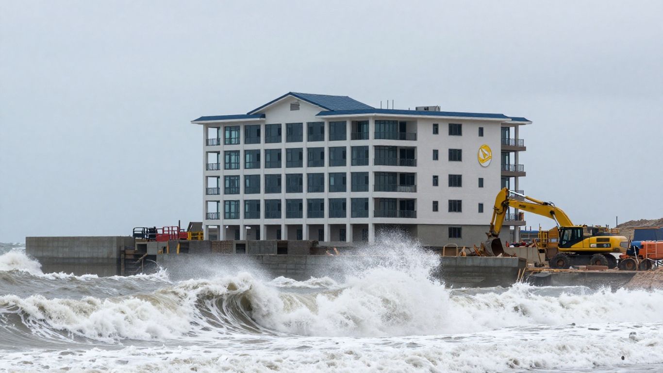 Coastal building resisting ocean waves.