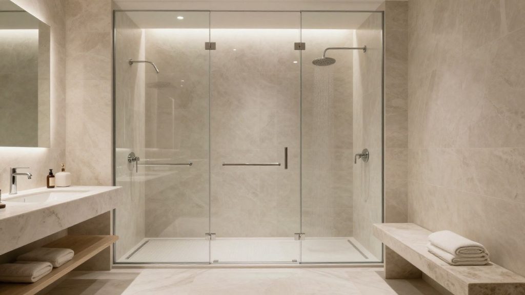 Luxurious walk-in shower with spa-like features.