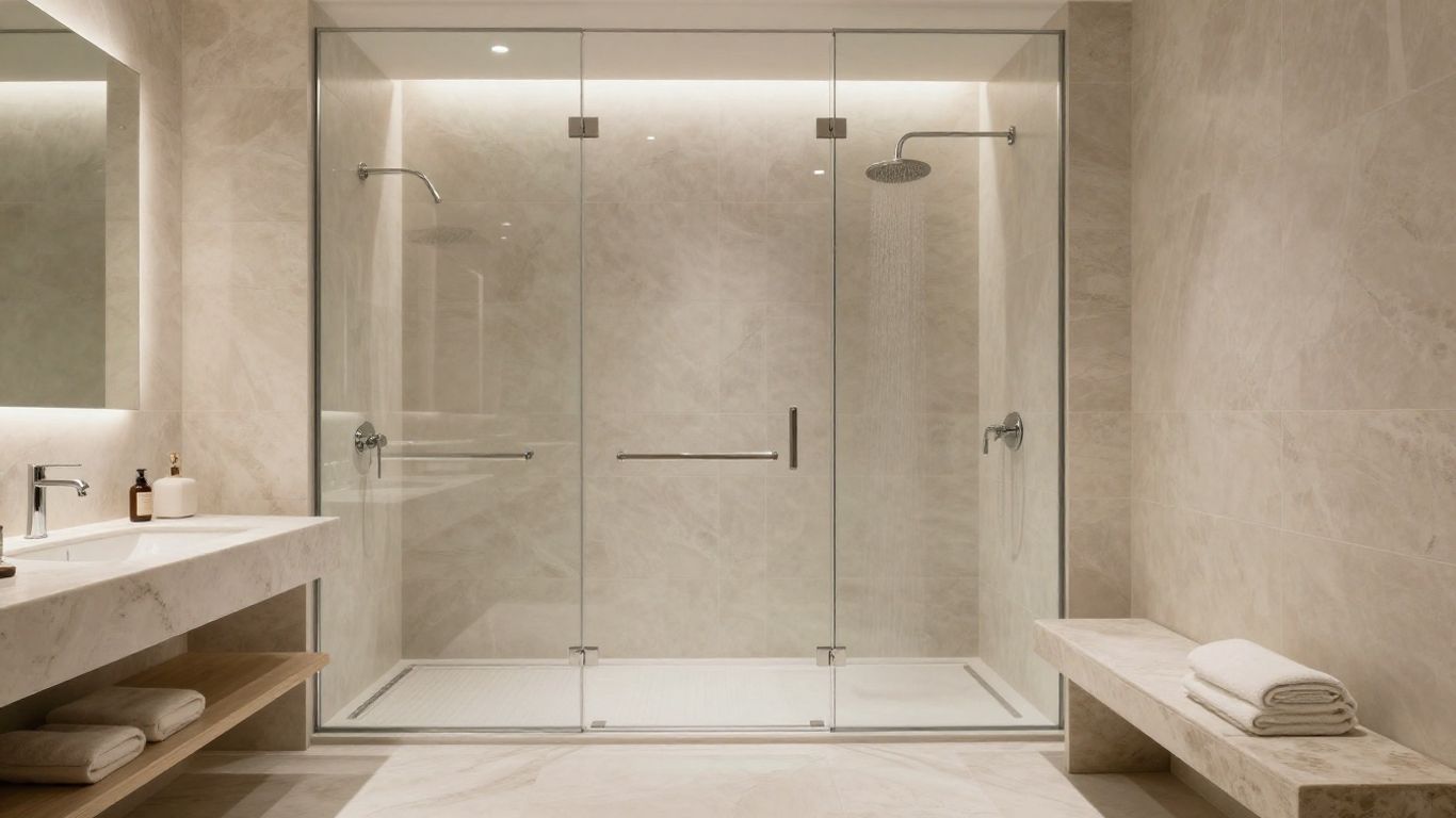 Luxurious walk-in shower with spa-like features.