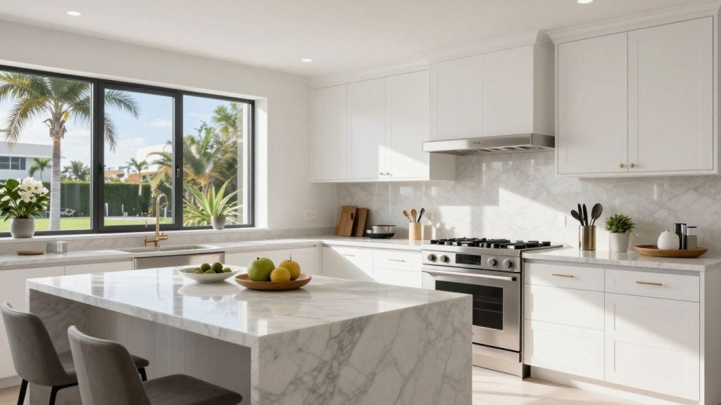 Modern Miami kitchen remodel with marble island.