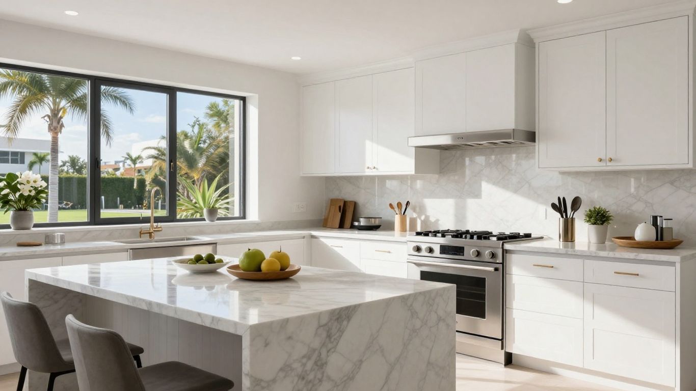 Modern Miami kitchen remodel with marble island.