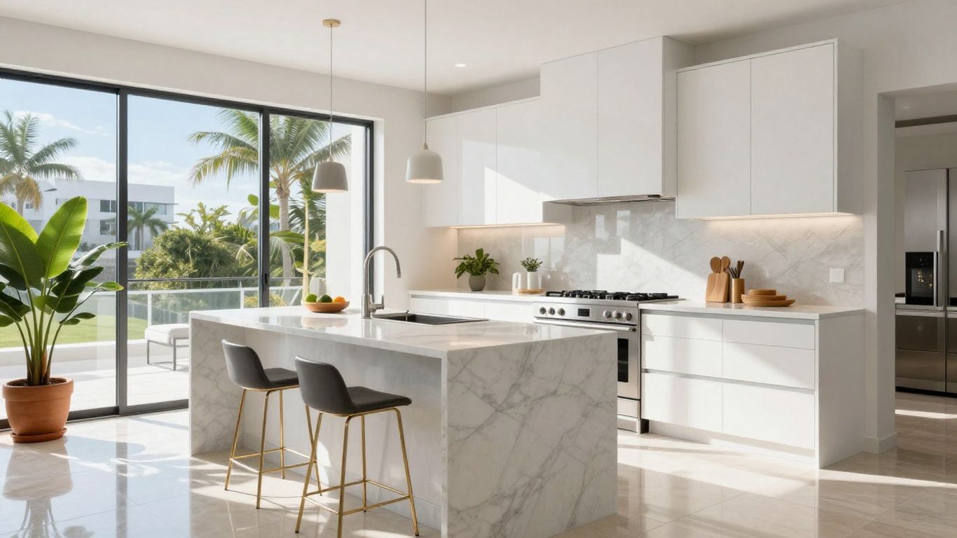 Modern Miami kitchen with island and sunlight.